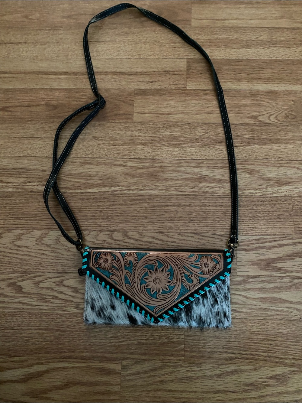 Tooled Leather & Haircalf Crossbody Clutch in Turquoise Accent